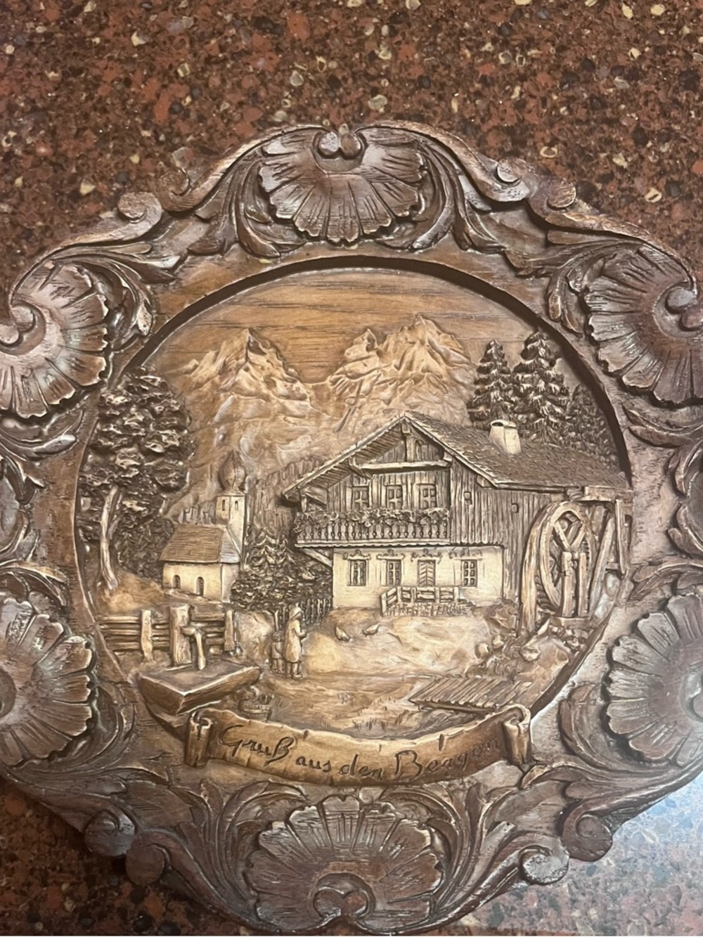 Black Forest Carved Wooden Alpine Wall Plaque - “Greetings from the Mountain”